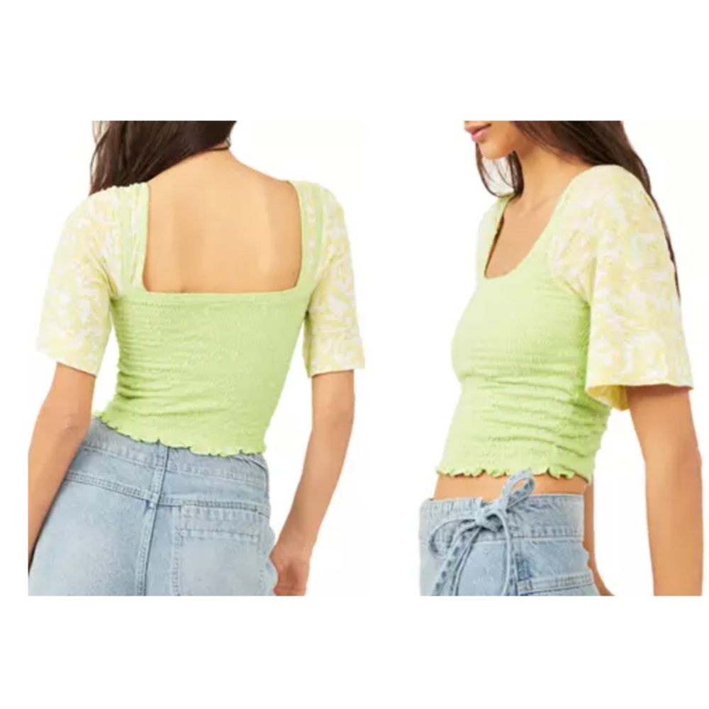 Free People MARIGOLD Smocked Tee Crop Top | Sz XS Key Lime Green NWT